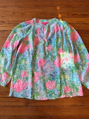 Lilly Pulitzer Elsa silk Pink, Green & Blue Floral Peasant Blouse